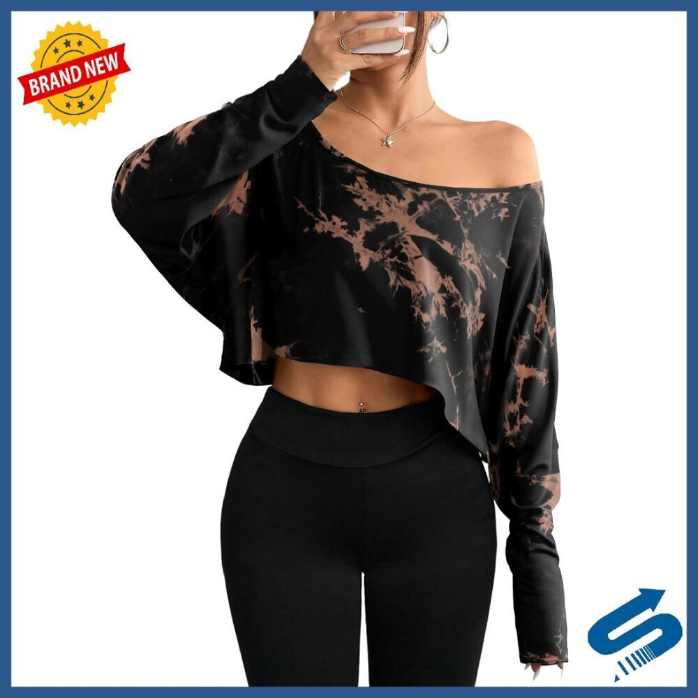 Off Shoulder Crop Top Long Sleeve Loose Fit Boat Neck T-Shirt
